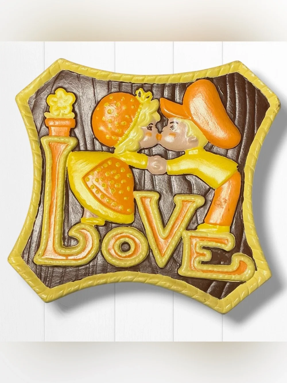 Vintage 1970s Chalkware Wall Art Kissy Kids “LOVE” Yellow Orange Brown 3D